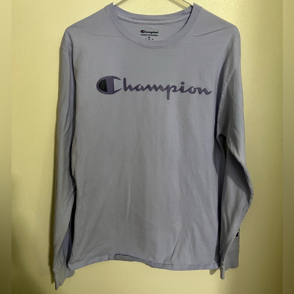 CHAMPION Classic Logo Sleeve T Shirt Lilac Royal Purple and Black Women's Sz M